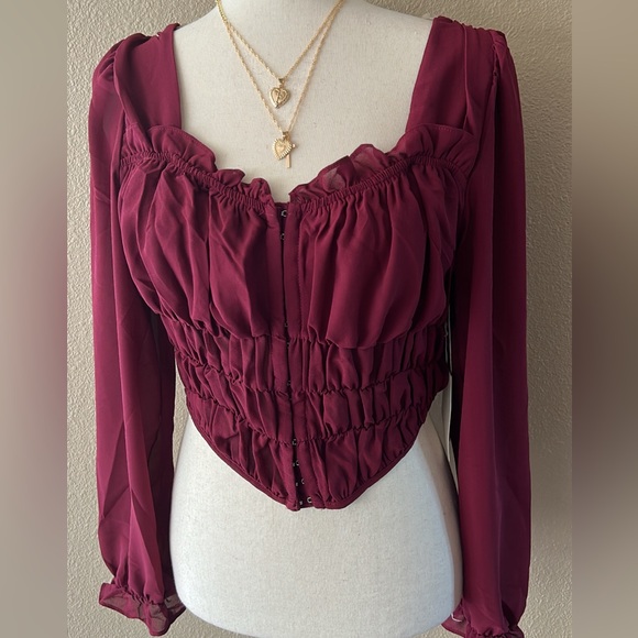Burgundy chiffon corset long sleeve top - Picture 3 of 9